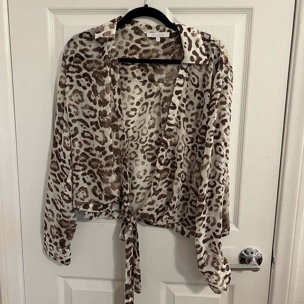 Leopard Tie-Front Blouse - Brown/White